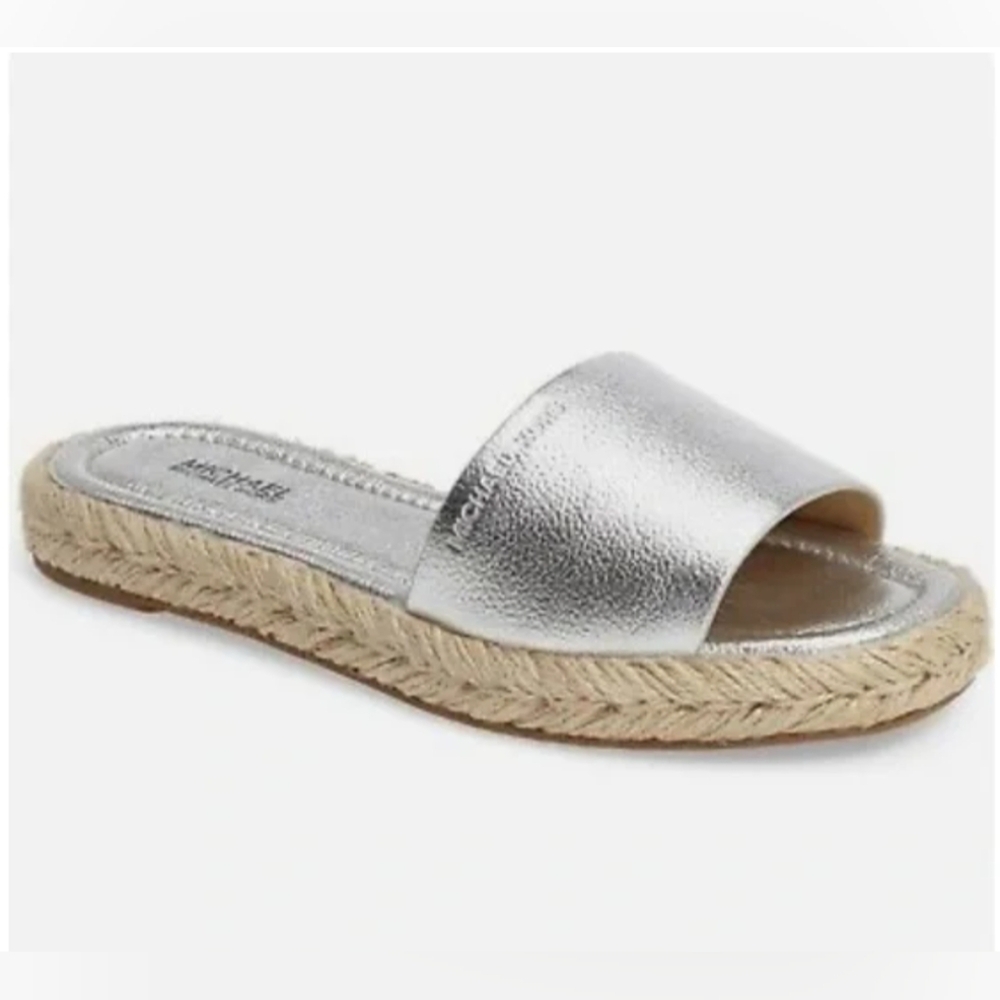 MICHAEL KORS* 'Dempsey' Silver Slip On Sandal Rope Detail Rubber Sole Sz 8.5